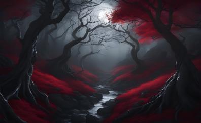 Dark forest, night with full moon, mystic world