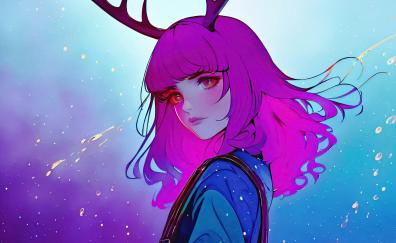 Purple hair girl with horns, fantasy, pretty eyes, art