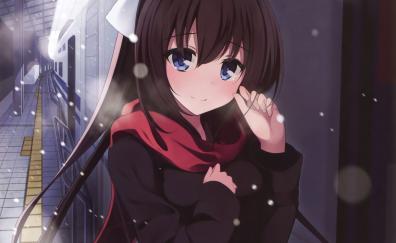 Cute, blue eyes, anime girl, winter