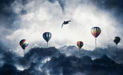 Surreal, hot air balloons, clouds, sky, dolphin