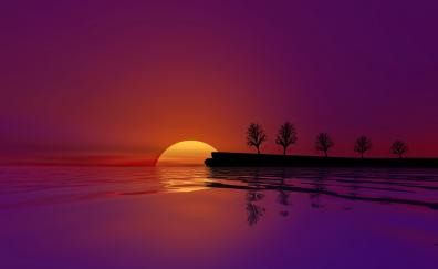 Silhouette, sunset, lake, trees, nature