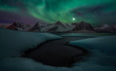 Sea, glacier wall, Arctic at night, landsacpe, northern lights