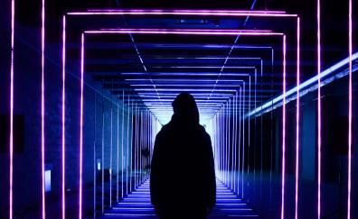 Neon lights, tunnel, silhouette, girl