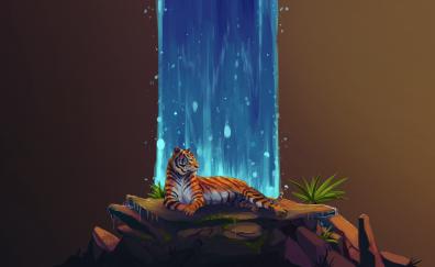 Artwork, tiger, waterfall, stones