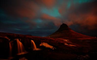 Kirkjufell, waterfall, mountains, landscape, night