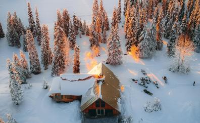 Aerial view, winter, house