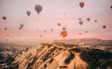 Hot air balloons, sky, mountains, festive