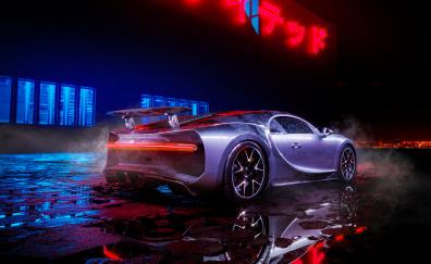 Bugatti Chiron, neon lights, luxury car