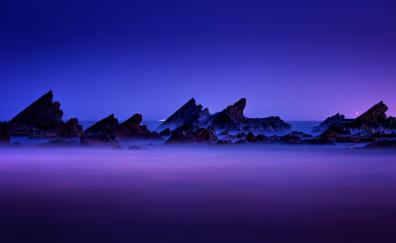 Purple sky, sunset, rocks, coast, beach, seascape