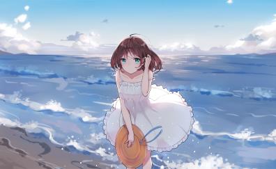 Outdoor, seashore, cute, anime girl