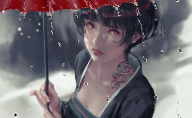 Girl with red umbrella, beautiful, art