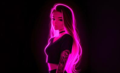 Girl in pink neon light, art