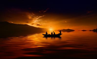Sunset, boat, lake, mountains, silhouette