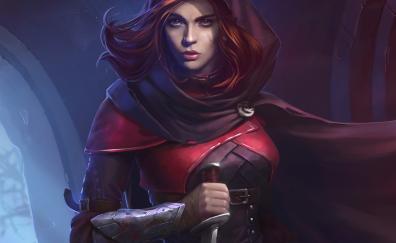Woman assassin, beautiful, red head, illustration