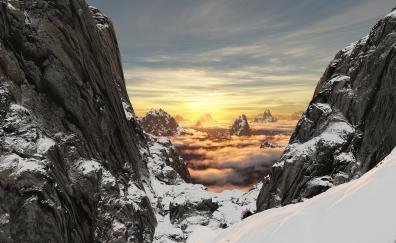 Valley, mountains, clouds, snow layer, sunset, winter