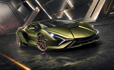 Lamborghini Sian, greenish sportcar, 2019