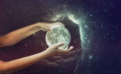 Hands, moon, planet, space, clouds, fantasy, art