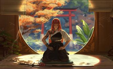 Warrior, anime, redhead, with katana, art