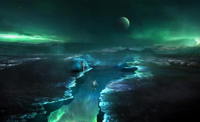 Abyss, astronaut, Northern Lights, fall, fantasy, art