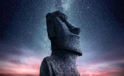 Moai, Statue, Easter Island, sunset, starry sky