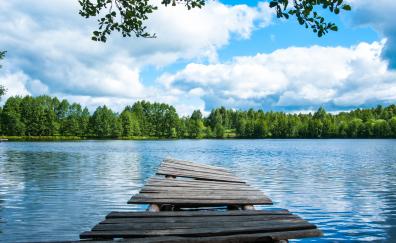 Lake, sunny day, wooden pier, nature