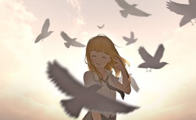 School girl, uniform, outdoor, birds, anime girl