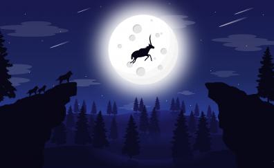 Deer jump, moon, forest, silhouette