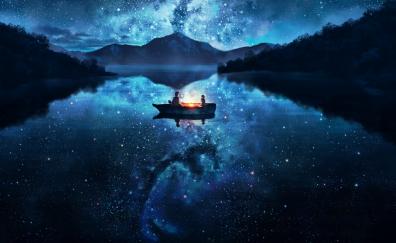 Beautiful lake, night out, dark, lake and boat, reflections