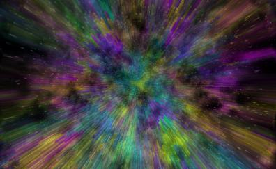 Space, particle scattering, explosion, colorful