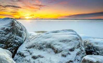 Snow layer, rocks, winter, frozen shore, sunset
