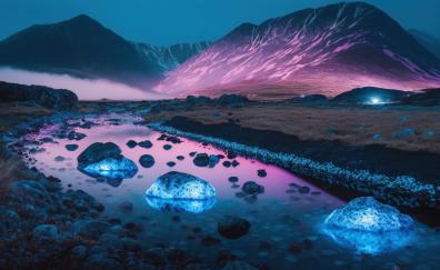 Glowing rocks of rivers, mountains, night, art