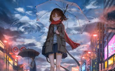 Girl with umbrella, rain, anime, original