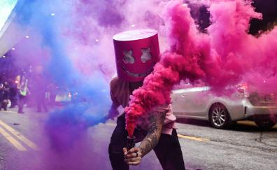 Marshmello, mask, colorful smoke, street festival