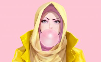 Girl in hood, bubble gum, original, art