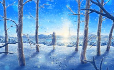 Girl and winter, forest, fantasy art