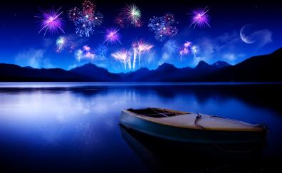New year, fireworks, 2018, boat, reflections
