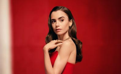 2021, Lily Collins, red dress, gorgeous actress