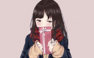 Cute, anime girl, shy, gift box