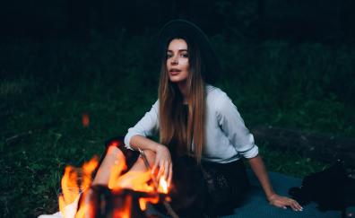 Outdoor, woman, girl model, bonfire