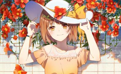 Yellow eyes, hat, flowers, smile, beautiful, anime girl