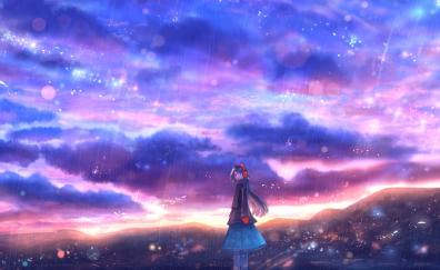 Rain, clouds, colorful, sky, anime girl