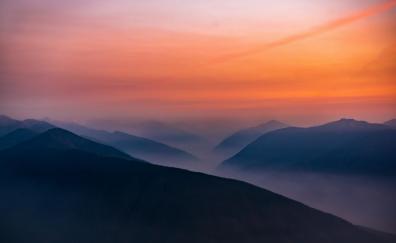 Hazy sunset, mist, mountains, horizon, nature