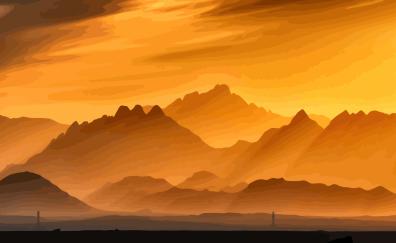 Digital art, sunset, mountains, landscape