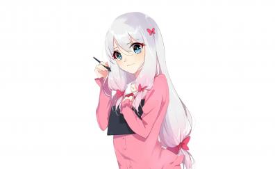 Izumi sagiri, white hair, pink dress, cute, minimal