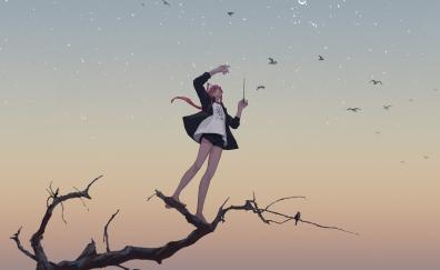 Relaxed, anime girl, birds, sunset, sky, art