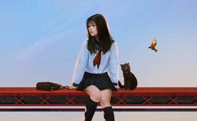 Anime girl and her kitten, original, artwork