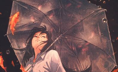Original, anime girl, umbrella, fishes