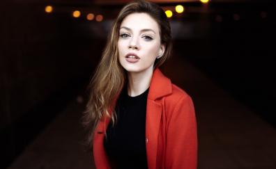 Red jacket, girl model, juicy lips