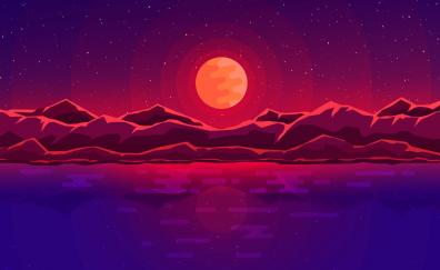 Download wallpaper 1366x768 lake, woonden fence, mountains, landscape,  sunset, neon art, tablet, laptop, 1366x768 hd background, 25502