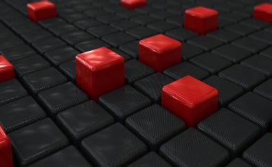Red cubes, black cubical surface, abstract
